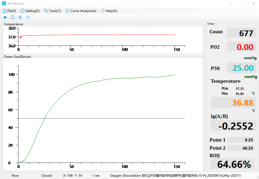 BL10 Viewer oxygen equilibrium curve with P50 of 25 mmHg
